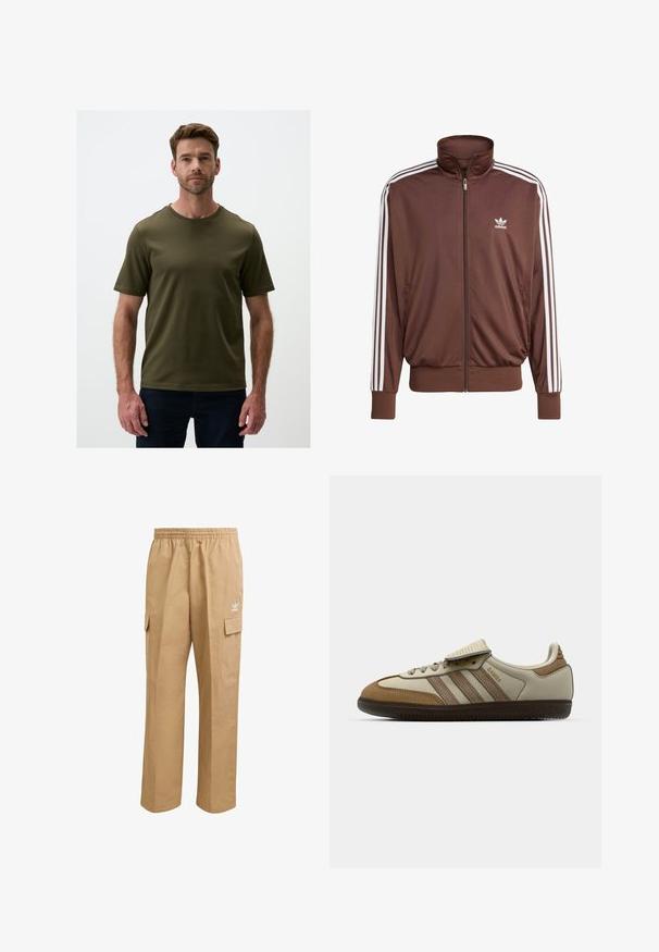 Braune Polyester-Trainingsjacke mit weißen seitlichen Streifen, hohem Kragen, Frontreißverschluss und Adidas-Logo auf der linken Brust. Verfügt über zwei seitliche Taschen.; Dunkelolivgrünes T-Shirt mit kurzen Ärmeln und rundem Halsausschnitt, aus glattem Stoff gefertigt; besitzt minimale Nähte und einen lässigen Schnitt.; Hellbraune Cargo-Hosen mit einem elastischen Bund, zwei seitlichen Cargo-Taschen und einem kleinen weißen Logo am oberen linken Oberschenkel. Glatte Textur.; Braune und cremefarbene Sportschuhe mit drei beigefarbenen Streifen, aus Wildleder und Leder gefertigt, Schnürdesign und Gummisohle. Textlogo an der Seite.