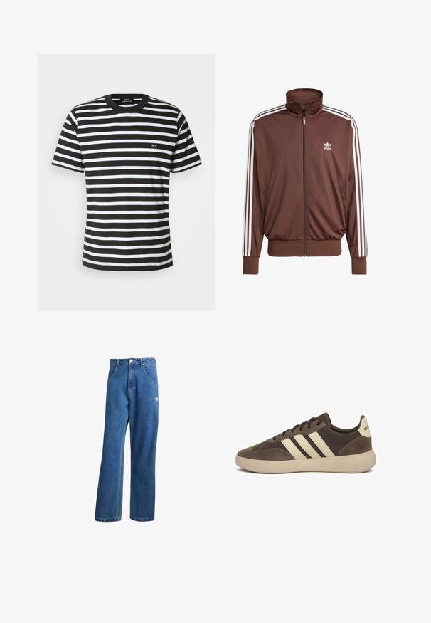 Brown polyester track jacket with white side stripes, high collar, front zipper, and Adidas logo on the left chest. Features two side pockets.; Black and white striped t-shirt with a crew neck, short sleeves, and a small embroidered "MN" on the front. Made from soft cotton fabric.; Blue high-waist wide-leg denim jeans with front pockets, belt loops, button closure, and small Adidas logo on the right thigh.; Brown suede sneaker with three white stripes, rounded toe, thick rubber sole, and minimal branding on the heel.