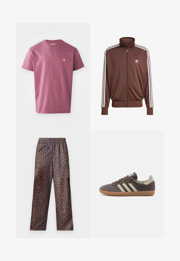 Smeđa poliesterska jakna za trčanje s bijelim bočnim trakama, visokim ovratnikom, prednjim zatvaračem i Adidas logotipom na lijevoj strani prsnog koša. Ima dva bočna džepa.; Ljubičasta pamučna majica s okruglim izrezom, kratkim rukavima i malim žutim logotipom na lijevoj strani prsnog koša. Jednostavan, jednobojni dizajn.; Hlače s uzorkom leopard, elastičnom pojasu. Napravljene su od sjajnog materijala, s smešnim temeljom i crnim mrljama, te imaju širok kroj.; Smeđe kožne tenisice s tri svijetle pruge, gumeni potplat, zaobljeni vrh i teksturirani antilop detalji na peti i vrhu.