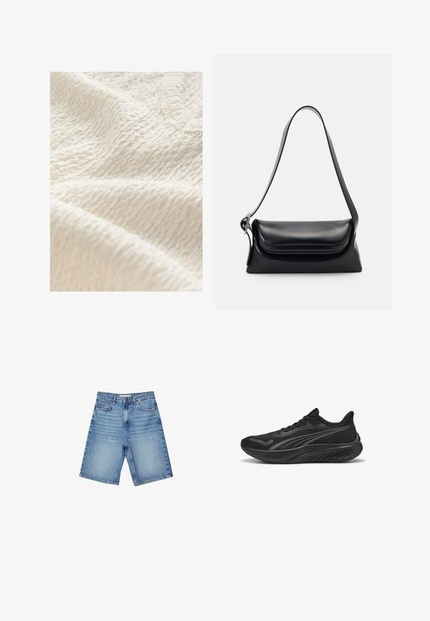 Veste de moto en cuir marron avec plusieurs fermetures éclair, une taille ceinturée et des épaules rembourrées. Présente des coutures contrastées et une finition texturée.; Tissu texturé blanc cassé avec un motif froissé, présentant une surface douce et légèrement surélevée, adaptée aux vêtements ou aux textiles d'intérieur.; Shorts en jean bleu clair, arborant un design classique à cinq poches, une fermeture à glissière et un léger effet délavé. Coupe droite avec des bords ourlés.; Chaussure de sport noire avec tige en mesh, détails texturés, lacets plats et semelle rembourrée dotée d'un design ondulé pour une traction et un confort améliorés.; Sac à main en cuir noir avec une forme structurée, une texture lisse et une seule bandoulière. Présente un design de rabat arrondi et subtil.