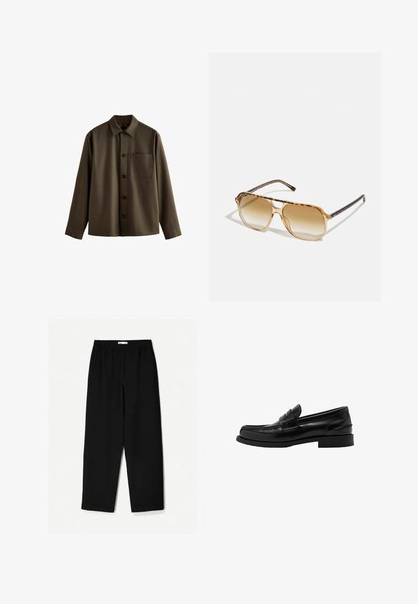 Dark brown button-up shirt with long sleeves, a collar, and a patch pocket on the left chest; made of a smooth, textured fabric.; Dark blue short-sleeve button-up shirt made of lightweight fabric, featuring a chest pocket and a classic collar design.; Black, wide-leg pants made from a lightweight fabric. Features an elastic waistband and a smooth texture. No visible patterns or hardware.; Black leather loafer with a low heel, stitched detailing on the vamp, and a smooth, glossy finish. Features a round toe design.; Tortoiseshell sunglasses with a rectangular frame, brown gradient lenses, and sleek black temples featuring subtle logo accents.