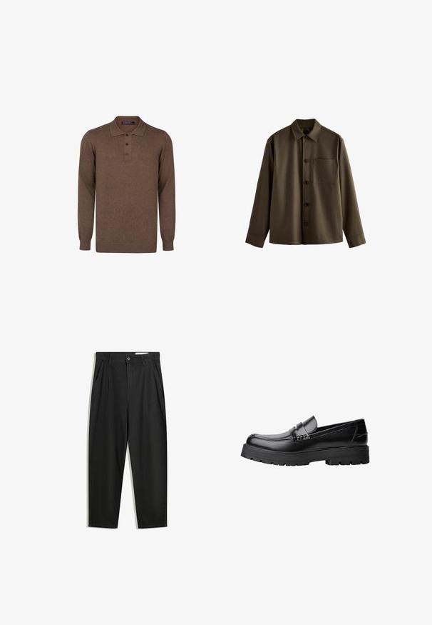 Donkerbruine overhemden met lange mouwen, een kraag en een patchzak op de linkerborst; gemaakt van een gladde, gestructureerde stof.; Bruine langwerpige poloshirt met lange mouwen, gemaakt van breisel, met een kraag en een placket van drie knopen, met ribgebreide manchetten en zoom.; Zwarte katoenen broeken met een losse pasvorm, voorzien van een klassieke tailleband, voorplooien en zijzakken. Gladde structuur zonder patronen.; Zwarte leren loafer met een chunky profielzool en een decoratieve band over de bovenkant, weergegeven in het linkerzijprofiel op een witte achtergrond.