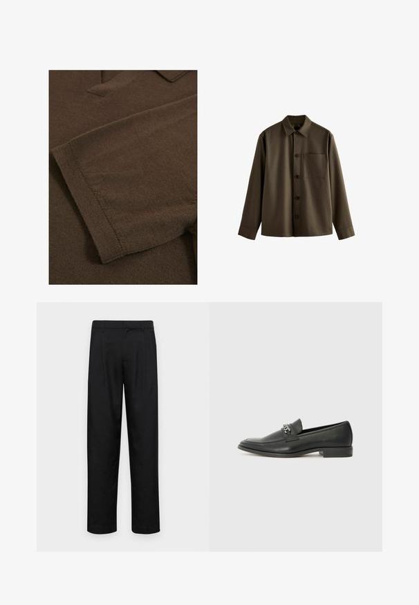 Tummanruskea napitettavissa oleva paita, jossa on pitkät hihat, kaulus ja paikka vasemmassa rinnassa; valmistettu sileästä, teksturoidusta kankaasta.; Ruskea neulekangas pehmeällä tekstuurilla, jossa on kaulus ja lyhyet hihat, esittelee yksinkertaista muotoilua ilman kuvioita tai koristeita.; Mustat housut, jotka on valmistettu sileästä kankaasta, suoran lahkeen muotoilulla, kahdella etupleekillä ja tavanomaisella vyötäröllä, jossa on vyölenkit.; Musta nahkakengät, joissa on sileä pinta, koristeelliset ompeleet ja metalliketjun yksityiskohta kengän päällä. Littee korko.