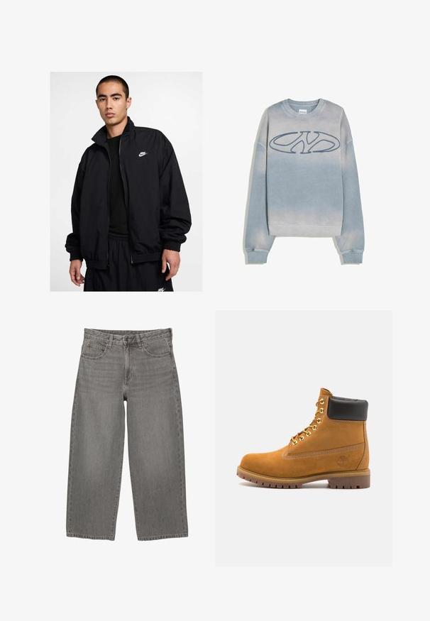 Nike musta takki, jossa on korkea kaulus, vetoketjullinen etuosa, joustavat hihansuut ja pieni valkoinen logo vasemmassa rinnassa; kevyt materiaali.; Vaaleansininen haalistunut college-paita, jossa on ribbimäiset hihansuut ja helma. Rinnassa on suurella tyylitellyllä "NY" -logolla brodeeraus.; Pitkähihaisen t-paidan vaaleanvihreä puuvilla, jossa on pyöreä kaula-aukko, ja vasemmassa rinnassa pieni oranssi ja ruskea logo.; Harmaan farkkukangasta valmistetut väljät lahkeet, joissa on edessä nappi- ja vetoketjukiinnitys, vyölenkit ja viisi taskua.; Valkoinen nahkainen nilkkuri mustalla pehmustetulla kauluksella, kultaisilla metallisilla rei'illä, valkoisella ompeluksella ja jykevällä kumipohjalla, jossa on selvästi näkyvät urat.