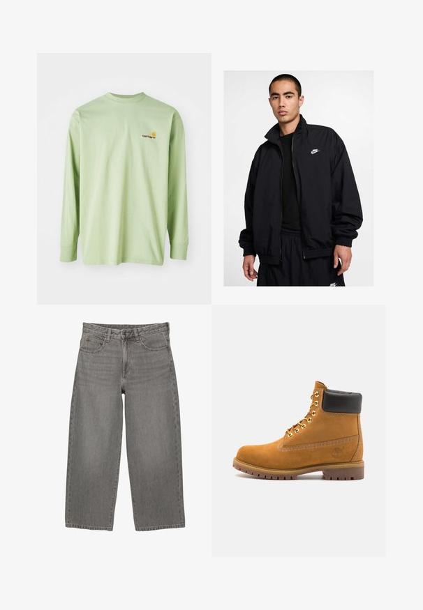 Sort Nike-jakke med høj krave, lynlåslukning foran, elastiske manchetter og et lille hvidt logo på venstre bryst; lavet af letvægtsmateriale.; Lys blå, falmet sweatshirt med ribbede manchetter og kant, der har et stort stiliseret "NY" logo broderet på brystet.; Langærmet t-shirt i lys grøn bomuld med rund hals, prydet med et lille orange og brunt logo på venstre brystområde.; Grå denim bredbenede jeans med frontknap og lynlås, bæltesløjfer og fem-lomme design.; Tan nubuck ankelstøvle med sort polstret krave, gyldne metaløjer, hvid syning detaljer og robust gummisål med udtalte slidbaner.