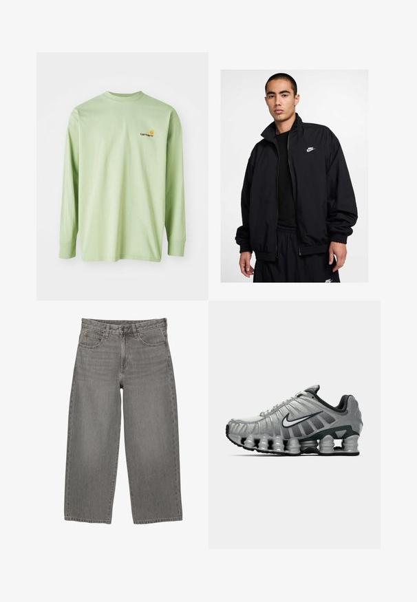 Nike black jacket with a high collar, zippered front, elastic cuffs, and a small white logo on the left chest; made of lightweight material.; Light blue faded sweatshirt with ribbed cuffs and hem, featuring a large stylized "NY" logo embroidered on the chest.; Long-sleeve t-shirt in light green cotton with a round neck, featuring a small orange and brown logo on the left chest area.; Grey denim wide-leg jeans with front button and zipper closure, belt loops, and five-pocket design.; Grey and black Nike running shoe with visible spring-like cushioning under the sole and a white swoosh logo on the side.