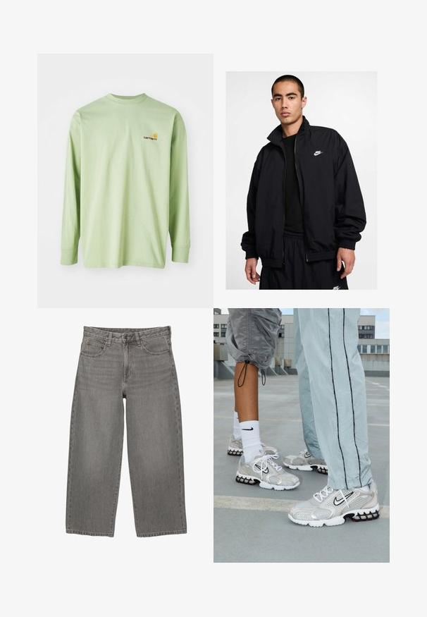 Sort Nike-jakke med høj krave, lynlåslukning foran, elastiske manchetter og et lille hvidt logo på venstre bryst; lavet af letvægtsmateriale.; Lys blå, falmet sweatshirt med ribbede manchetter og kant, der har et stort stiliseret "NY" logo broderet på brystet.; Langærmet t-shirt i lys grøn bomuld med rund hals, prydet med et lille orange og brunt logo på venstre brystområde.; Grå denim bredbenede jeans med frontknap og lynlås, bæltesløjfer og fem-lomme design.; Nike sportssko i sølvfarvet meshmateriale med hvide snørebånd, et sort swoosh-logo og en sort og rød luftdæmpningssål.