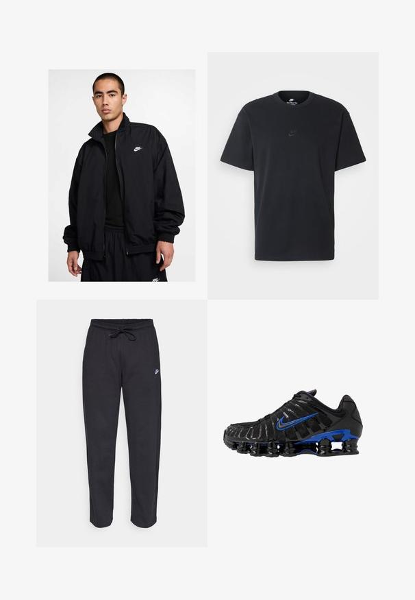 Casaco preto da Nike com gola alta, fecho de correr frontal, punhos elásticos e um pequeno logo branco no peito esquerdo; fabricado com material leve.; T-shirt de algodão preto da Nike com um clássico decote redondo, mangas curtas e um logótipo em relevo discreto no peito. Textura suave.; Calças de treino pretas feitas de tecido suave, com faixa elástica na cintura, cordão regulador e um pequeno logótipo da Nike na coxa esquerda.; Sapatilha atlética preta com um superior em malha e detalhes brilhantes. Apresenta um swoosh azul, colarinho acolchoado e uma sola de borracha preta proeminente com amortecimento visível.