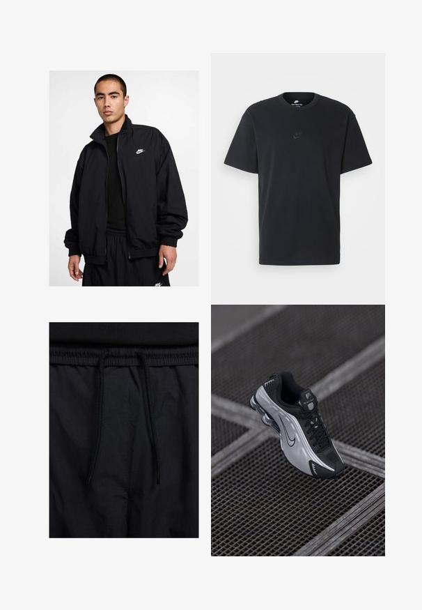 Nike must musta, millel on kõrge krae, esiküljel lukk, elastsed mansetid ja väike valge logo vasakul rinnal; valmistatud kergest materjalist.; Nike musta mustast puuvillast T-särk klassikalise ümmarguse kaelusega, lühikeste varrukatega ja õrna, reljeefse logoga rinnal. Sile tekstuur.; Mustad lühikesed püksid, millel on paelaga vöökoht, kerge kangas, mis on sileda tekstuuriga ning lihtne disain ilma nähtavate logode või mustriteta.; Nike spordijalatsid, millel on must ja hõbedane disain. Valmistatud sünteetilisest materjalist, millel on võrgusilma aktsendid ja toetav tald nähtava õhkbuffriga.