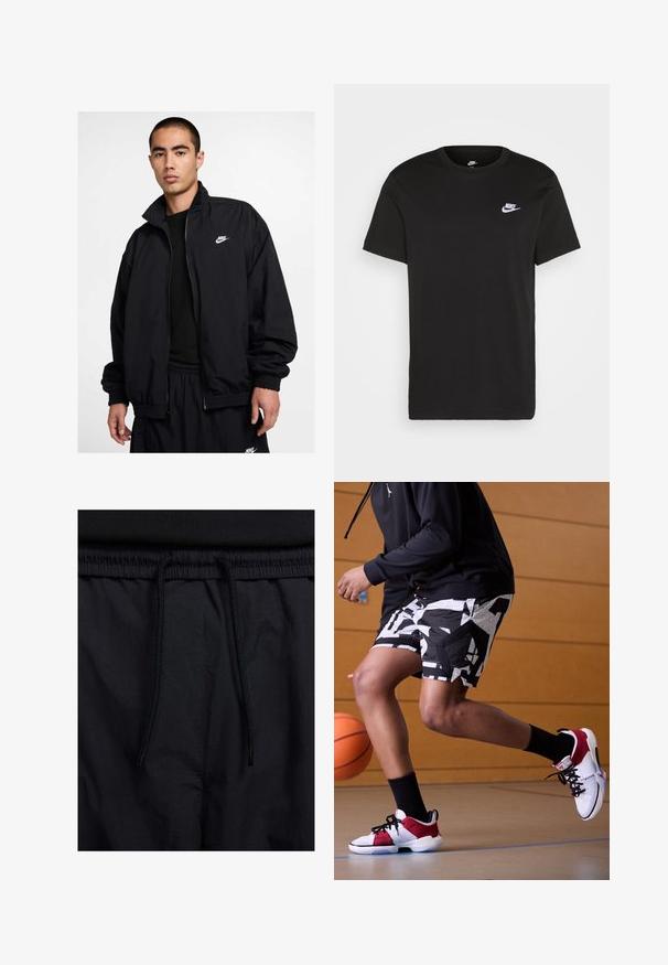 Nike svart jakke med høy krage, glidelås foran, elastiske mansjetter og en liten hvit logo på venstre bryst; laget av lett materiale.; Svart bomull T-skjorte med kort erm, rund hals, og en liten hvit Nike-logo på øvre venstre bryst. Myk tekstur. Klassisk passform.; Sorte shorts med snor i livet, lett stoff med en jevn tekstur, og et enkelt design uten synlige logoer eller mønstre.; Hvite og røde basketballsko med svarte detaljer, kombinert med mønstrede sorte og hvite shorts. Sort hettegenser brukt, i en gymsituasjon.