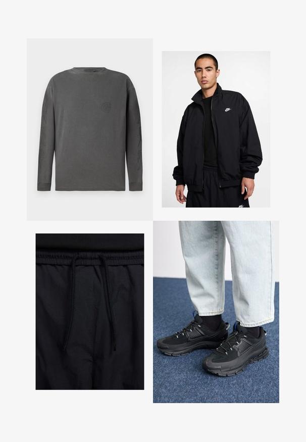 Giacca Nike nera con colletto alto, zip frontale, polsini elasticizzati e piccolo logo bianco sul petto a sinistra; realizzata in materiale leggero.; Maglietta grigia a maniche lunghe in cotone misto, collo a giro, con un logo sottile e disegni astratti sulle maniche; texture morbida.; Shorts neri con vita regolabile tramite coulisse, tessuto leggero con una texture liscia e un design semplice senza loghi o motivi visibili.; Scarpe sportive nere con tessuto testurizzato e suole in gomma, dotate di lacci elastici e un accento blu sul tallone. Indossate con pantaloni in denim chiaro.