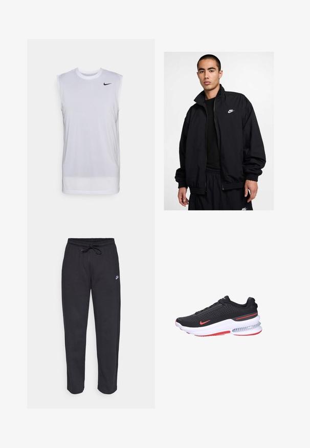 Nike black jacket with a high collar, zippered front, elastic cuffs, and a small white logo on the left chest; made of lightweight material.; White sleeveless athletic shirt made of lightweight material. Features a round neckline and a small black Nike logo on the upper left.; Black sweatpants made of soft fabric with an elastic waistband, drawstring, and a small Nike logo on the left thigh.; Black athletic sneakers with a textured upper, red accents, and visible air cushioning in the sole. Features a perforated design and laces.