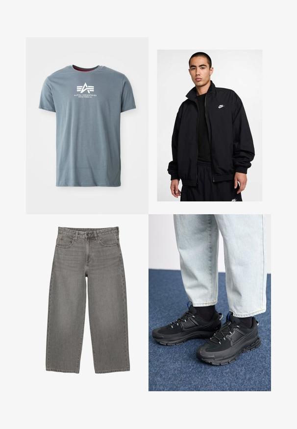 Črna Nike jakna z visokim ovratnikom, zadrgo spredaj, elastičnimi manšetami in majhnim belim logotipom na levi strani prsi; narejena iz lahko materiala.; Siv majica iz bombaža s krojem okroglega ovratnika in kratkimi rokavi. Na sprednji strani je bel logotip s tristrano zasnovo in besedilom.; Sivi jeansi širokih nogavic s sprednjim gumbom in zadrgo, z zankami za pas in petimi žepi.; Črne športne čevlje z teksturirano tkanino in gumijastimi podplati, ki imajo elastične vezalke ter modre poudarke na peti. Nosi se z lahkimi denim hlačami.