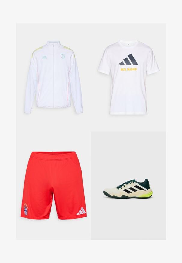 adidas Performance JUVE - Träningsjacka - white; Vit bomulls t-shirt med en marinblå Adidas-logotyp och "REAL MADRID" tryckt i gult under logotypen. Korta ärmar, rundad halsdesign.; Röda sportshorts i slätt tyg, med en broderad logotyp och fem stjärnor ovanför, samt vita Adidas-ränder på sidan.; Tennisskor med en krämfärgad ovandel, svarta ränder, gröna detaljer och en texturerad gummisula för bättre grepp. Tillverkade av syntetiska material.