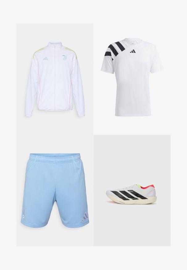 adidas Performance JUVE - Trainingsjacke - white; Weißes, leichtes Sportshirt mit schwarzen Streifen auf der linken Schulter und schwarzem Logo auf der Brust. Kurze Ärmel, Rundhalsausschnitt.; Helle blaue Sportshorts aus glattem Stoff, mit kontrastierenden gelben Nähten und einem Adidas-Logo an der unteren Seite.; Weißer Sportschuh mit schwarzen Streifen, neongrünen Akzenten und einer roten Ferse. Hat ein leichtes Design und eine strukturierte Sohle für besseren Grip.