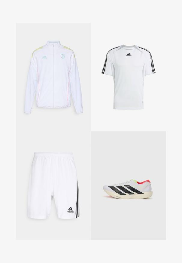 adidas Performance JUVE - Sportinė striukė - white; Balta trumpa rankovėmis sportinė marškinė su juodais „Adidas“ trimis juostelėmis ant pečių, pagaminta iš lygaus, lengvo audinio.; Balti sportiniai šortai su elastinga juosta, juodais šonų dryžiais ir mažu juodu Adidas logotipu šalia apačios.; Baltos bėgimo bateliai su juodomis juostelėmis, neoninių žalių akcentų ir raudonu kulnu. Jie pasižymi lengvu dizainu ir tekstūruotu padu, kuris suteikia sukibimą.