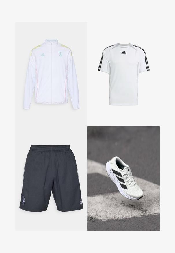 adidas Performance JUVENTUS 25/26 TIRO25 COMPETITION PRESENTATION JACKET - Tréning dzseki - white; Fehér, rövid ujjú sport póló fekete Adidas három csíkkal a vállakon, sima, könnyű szövetből készült.; Fekete sportnadrág, lélegző anyagból készült, rugalmas derékpánttal, fehér oldalcsíkokkal és Manchester United logóval.; Fehér sportcipő texturált hálós felsőrésszel, fekete csíkokkal, fűzős záródással és párnázott talppal, egy megjelölt útfelület felett lebeg.