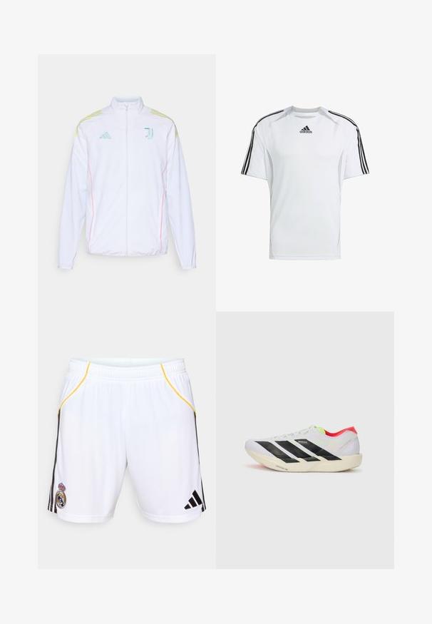 adidas Performance JUVE - Training jacket - white; White short-sleeve athletic shirt with black Adidas three-stripe accents on the shoulders, made from smooth, lightweight fabric.; White athletic shorts with black side stripes and yellow accents, featuring an embroidered emblem on the left leg and an elastic waistband.; White running shoe with black stripes, neon green accents, and a red heel. Features a lightweight design and textured sole for grip.