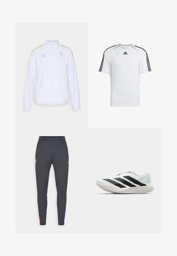 adidas Performance JUVE - Training jacket - white; White short-sleeve athletic shirt with black Adidas three-stripe accents on the shoulders, made from smooth, lightweight fabric.; Gray athletic pants with a slim fit, featuring red and blue side accents, an elastic waistband, and embroidered logo on the front.; Lightweight running shoes in pale blue with black stripes. Features a smooth upper, round toe, and thick white midsole labeled "LIGHTSTRIKE PRO."