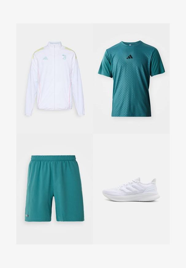 adidas Performance JUVENTUS 25/26 TIRO25 COMPETITION PRESENTATION JACKET - Giacca sportiva - white; adidas Performance POWER TEE - T-Shirt sport - preloved teal; Pantaloni sportivi teal con elastico in vita, dotati di una piccola etichetta "Climacool" vicino all'orlo della gamba sinistra, esposti su uno sfondo bianco.; Scarpe sportive bianche con tomaia in mesh texturato, suola ammortizzata e supportiva, e design a tre strisce sul lato.