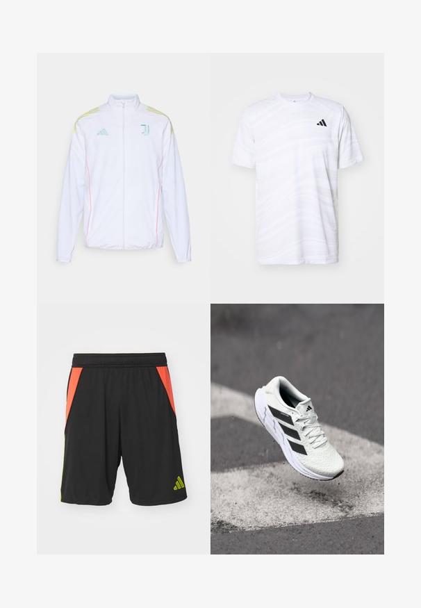 adidas Performance JUVE - Chaqueta de entrenamiento - white; Camiseta deportiva blanca con un patrón de olas sutil, cuello redondo, mangas cortas y un logotipo de tres rayas negras en el lado izquierdo del pecho.; Pantalones cortos deportivos de poliéster negros con paneles laterales en naranja y verde lima, una cinturilla elástica y un logo verde cerca del dobladillo.; Zapatilla deportiva blanca con parte superior de malla texturizada, rayas negras, cierre de cordones y suela acolchada, levitando sobre una superficie de carretera marcada.