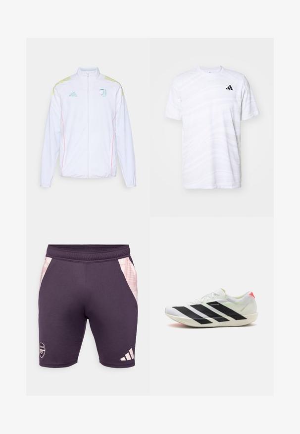 adidas Performance JUVENTUS 25/26 TIRO25 COMPETITION PRESENTATION JACKET - Veste de survêtement - white; T-shirt de sport blanc avec un motif de vagues subtil, col rond, manches courtes et un logo à trois bandes noires sur la poitrine gauche.; Shorts de sport violets avec des panneaux latéraux rose clair, taille élastique et logo imprimé. Fabriqués en matériau lisse et extensible.; Chaussure de sport blanche avec des rayures diagonales noires, en matière en maille légère, accents verts et contrefort rouge ; présente un design élégant et allongé.
