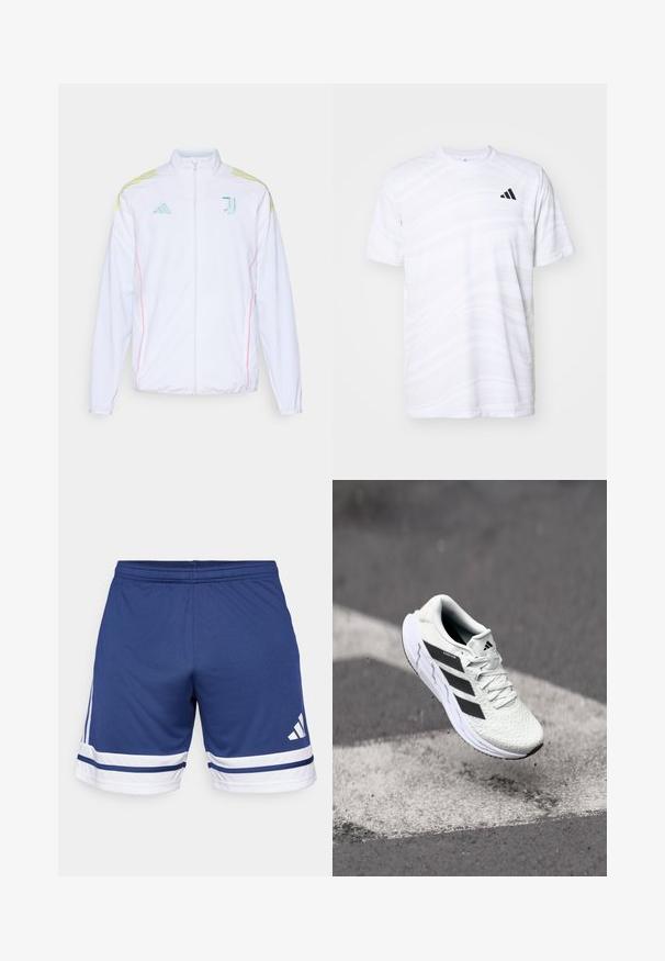 adidas Performance JUVE - Trainingsjacke - white; Weißes sportliches T-Shirt mit subtilen Wellenmustern, Rundhalsausschnitt, kurzen Ärmeln und einem schwarzen Dreistreifen-Logo auf der linken Brust.; Marineblaue Sportshorts aus leichtem Material mit weißen und blauen Streifenakzenten am Saum sowie einem elastischen Bund.; Weiße Sportschuh mit strukturiertem Mesh-Obermaterial, schwarzen Streifen, Schnürverschluss und gepolstertem Sohlen, schwebt über einer markierten Straßenoberfläche.