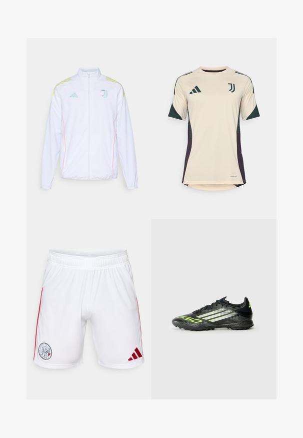 adidas Performance JUVENTUS 25/26 TIRO25 COMPETITION PRESENTATION JACKET - Veste de survêtement - white; adidas Performance JUVENTUS 25/26 TIRO25 EUROPEAN TRAINING JERSEY - Article de supporter d'équipe de club - ecru tint; Shorts de sport blancs en tissu lisse, avec des rayures latérales rouges et un logo circulaire sur la cuisse gauche arborant un emblème sportif.; Chaussure de foot noire avec une surface texturée, dotée d'accents vert fluo et de trois rayures blanches. Conçue pour le gazon avec une semelle extérieure en caoutchouc.