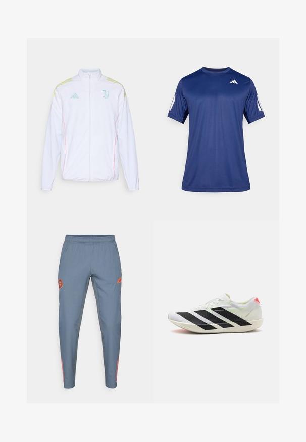 adidas Performance JUVENTUS 25/26 TIRO25 COMPETITION PRESENTATION JACKET - Tréningová bunda - white; Námornícky modrá športová košeľa s krátkym rukávom vyrobená z hladkej tkaniny, s okrúhlym výstrihom a bielym logom umiestneným na hornej ľavej strane hrude.; Svetlo modré športové nohavice s elastickým pásom, s oranžovým logom a tromi oranžovými pruhmi na vonkajšej strane nohavíc.; Biele športové topánky s čiernymi diagonálnymi pruhmi, ľahký sieťovinový materiál, zelené akcenty a červený pätový diel; majú štíhly, predĺžený dizajn.