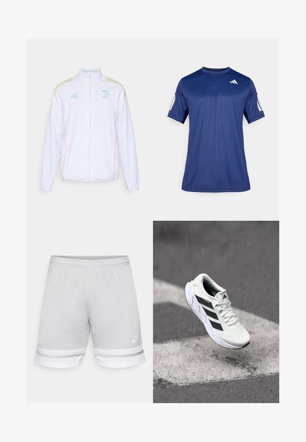 adidas Performance JUVENTUS 25/26 TIRO25 COMPETITION PRESENTATION JACKET - Treniņjaka - white; Navy zila īsām piedurknēm sporta krekls, kas izgatavots no gludas auduma, ar apaļu kakla izgriezumu un baltu logotipa detaļu kreisajā augšējā krūtīs.; Gaiši pelēki sporta šorti ar elastīgu jostu, ar baltām un pelēkām svītrām apakšējā malā un Adidas logo.; Baltas sporta apavs ar teksturētu sietu augšu, melnām svītrām, auklu aizdari un mīkstu zoli, kas levitē virs marķētas ceļa virsmas.