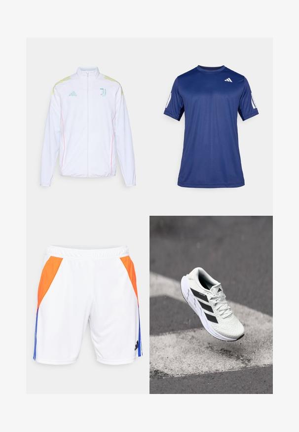 adidas Performance JUVENTUS 25/26 TIRO25 COMPETITION PRESENTATION JACKET - Spordijakk - white; Tume sinine lühikeste varrukatega spordisärk, mis on valmistatud siledast kangast, ümmarguse kaelaauguga ja valge logoga vasakul ülemisel rinnaosal.; adidas Performance TIRO24 TRAINING SHORT - Spordišortsid - white/lucid blue/app solar red; Valge spordijalats tekstuurse võrgu pealmise osaga, mustade triipudega, nööriga kinnitamine ja pehmendatud tallaga, levib märgitud teepinna kohal.