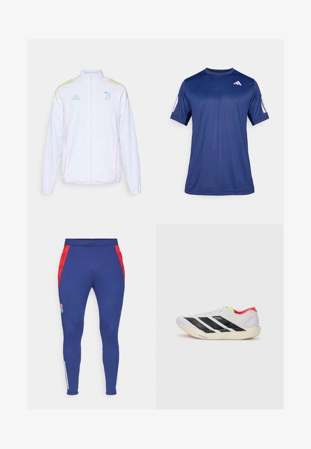 adidas Performance JUVENTUS 25/26 TIRO25 COMPETITION PRESENTATION JACKET - Chaqueta de entrenamiento - white; Camisa atlética de manga corta en azul marino, fabricada con un tejido suave, que presenta un cuello redondo y un detalle de logo blanco en la parte superior izquierda del pecho.; Pantalones deportivos de color navy con paneles laterales rojos, un logo en el muslo y rayas blancas en los tobillos. Fabricados con una tela elástica y suave.; Zapatilla de running blanca con franjas negras, detalles en verde neón y un talón rojo. Presenta un diseño ligero y una suela texturizada para un mejor agarre.