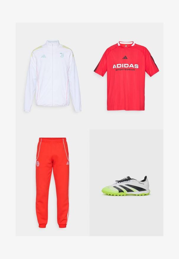 adidas Performance JUVE - Športna jakna/jopica - white; Rdeča Adidas športna majica z črnim logotipom in besedilom, kratkimi rokavi, okroglim izrezom, s črnimi črtami ob straneh, narejena iz zračnega materiala.; Rdeče trenirke z elastičnim pasom, belimi stranskimi črtami in podrobnimi logotipi na boki in spodnjem delu noge. Narejene so iz mehkega blaga z rebrastimi manšeti.; Bela in črna nogometna kopačka z neonsko zelenimi detajli. Teksturirana zgornji del, črne črte in oblikovani bodici na kontrastnem živahnem podplatu.