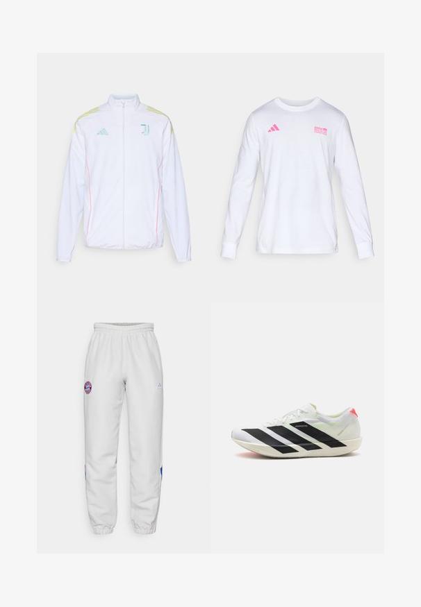 adidas Performance JUVE - Trainingsvest - white; Witte lange mouwen crew neck shirt met roze Adidas logo en tekst van de BMW Berlijn Marathon op de borst.; Witte sportbroek met elastische tailleband, voorzien van een ronde logo op de linkerdij en blauwe, rode accenten aan de zijkanten.; Witte sportieve schoen met zwarte diagonale strepen, gemaakt van lichtgewicht mesh materiaal, groene accenten en een rode hielstrook; heeft een slank, verlengd ontwerp.