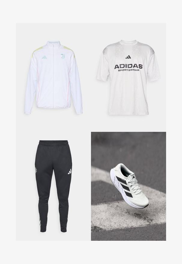 adidas Performance JUVENTUS 25/26 TIRO25 COMPETITION PRESENTATION JACKET - Veste de survêtement - white; adidas Sportswear TIRO TEE - T-shirt imprimé - grey one/black; Jogging noir en matière athlétique avec taille élastique, poches latérales zippées et rayures blanches Adidas sur les côtés. Présente un logo sur la cuisse.; Baskets de sport blanches avec un dessus en mesh texturé, des rayures noires, un laçage et une semelle rembourrée, lévitant au-dessus d'une surface de route marquée.