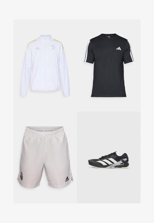adidas Performance JUVE - Μπουφάν προπόνησης - white; Μαύρο T-shirt από βαμβάκι με κοντά μανίκια, που διαθέτει λευκές ρίγες στους ώμους και λευκό λογότυπο στην αριστερή πλευρά του στήθους.; Ανοιχτό γκρι αθλητικά σορτς κατασκευασμένα από συνθετικό ύφασμα, με ελαστική μέση, πλευρικές ρίγες και κεντημένο λογότυπο ομάδας και σήμα μάρκας.; Μαύρο αθλητικό παπούτσι με άσπρες ρίγες, διχτυωτό πάνω μέρος, στρογγυλή μύτη και μαλακή σόλα. Διαθέτει υφή στη φτέρνα και ασφαλές σύστημα κορδονιών.