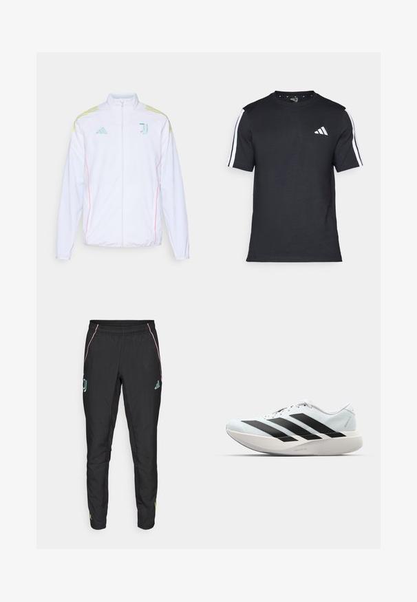 adidas Performance JUVE - Training jacket - white; Black T-shirt made of cotton with short sleeves, featuring white stripes on the shoulders and a white logo on the left chest.; Black athletic pants with a smooth texture. Features pink and turquoise accents, an elastic waistband, and logo details on the sides.; Lightweight running shoes in pale blue with black stripes. Features a smooth upper, round toe, and thick white midsole labeled "LIGHTSTRIKE PRO."
