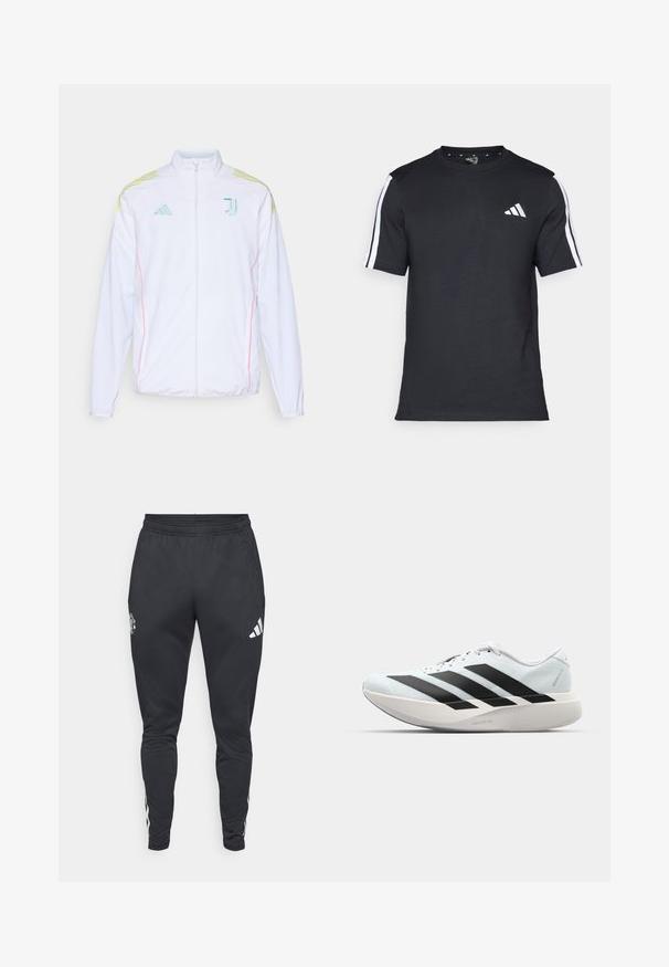 adidas Performance JUVE - Spordijakk - white; Mustvalge T-särk puuvillast, lühikeste varrukatega, millel on valged triibud õlgadel ja valge logo vasakul rinnal.; Mustad mustad spordipüksid elastse vöökohaga, lukuga küljetaskud ja valged Adidas triibud külgedel. Omab logo reie peal.; Kerged jooksujalatsid helesinises värvuses mustade triipudega. Omavad siledat pealispinda, ümarat varvase osa ja paksu valget vahemõõtu, millel on silt "LIGHTSTRIKE PRO".