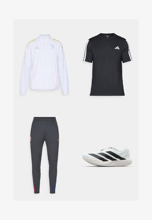 adidas Performance JUVE - Tréningová bunda - white; Čierne tričko z bavlny s krátkymi rukávmi, s bielymi pruhmi na pleciach a bielym logom na ľavej hrudi.; Šedé športové nohavice s úzkym strihom, s červenými a modrými pruhmi na stranách, elastickým pásom a vyšitým logom na prednej strane.; Ľahké bežecké topánky v svetlomodrej farbe s čiernymi pruhmi. Majú hladký zvršok, okrúle špičky a hrubú bielu medzipodrážku označenú "LIGHTSTRIKE PRO."