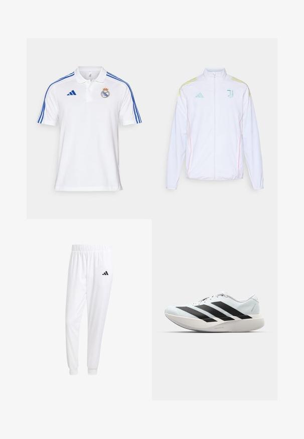 adidas Performance JUVENTUS 25/26 TIRO25 COMPETITION PRESENTATION JACKET - Træningsjakke - white; Hvid poloshirt lavet af bomuld, med blå striber på skuldrene, et broderet klublogo på brystet og en klassisk krave.; Hvide sportsbukser lavet af glat stof, med elastisk talje og tætsiddende manchetter, og med et sort logo på baglommen.; Letvægtige løbesko i lys blå med sorte striber. Har en glat overdel, rund tå og tyk hvid mellemsål mærket "LIGHTSTRIKE PRO."