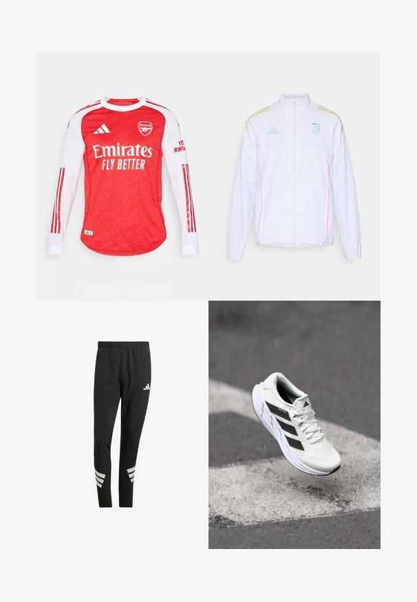 adidas Performance JUVENTUS 25/26 TIRO25 COMPETITION PRESENTATION JACKET - Tréningová bunda - white; Červený dlhý rukáv dres s vzorovanou textúrou, biele rukávy a červené pruhy. Obsahuje logo Arsenalu a text "Emirates Fly Better".; Čierne športové nohavice s elastickým pásom, s reflexnými bielymi akcentmi v pruhovanom vzore na dolnej časti nôh. Vyrobené z hladkej tkaniny.; Biele športové tenisky s textúrovaným sieťovaným zvrškom, čiernymi pruhmi, šnurovaním a polstrovanou podrážkou, levitujúce nad označeným povrchom cesty.