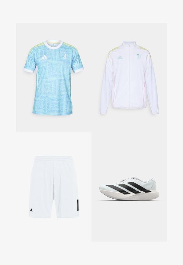 adidas Performance JUVE - Verryttelytakki - white; Vaaleansininen paita, jossa on abstrakteja pyörteisiä kuvioita, valkoisia yksityiskohtia ja kolme keltaista raitaa olkapäillä. Sisältää Adidas-logon ja Juventuksen tunnuksen.; Valkoiset urheilushortsit, joissa on joustava vyötärönauha, sivuilla kolme mustaa raitaa ja musta logo vasemman alareiden alaosassa.; Kevyt juoksukengät vaaleansinisinä mustilla raidoilla. Ominaisuuksiin kuuluu sileä pinta, pyöreä kärki ja paksu valkoinen välipohja, joka on merkitty "LIGHTSTRIKE PRO".