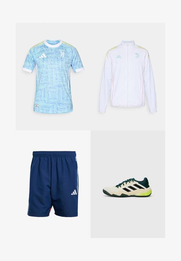 adidas Performance JUVE - Trainingsvest - white; Blauwe sporttrui met een spiraalpatroon, korte mouwen en witte accenten. Bevat het Adidas-logo en het Juventus-embleem aan de voorkant.; Marineblauwe sportshorts met een elastische tailleband, zijstrepen in het wit en een klein wit logo op de linkerpijp. Lichtgewicht materiaal.; Tennisschoenen met een crèmekleurige bovenkant, zwarte strepen, groene accenten en een gestructureerde rubberen zool voor grip. Gemaakt van synthetische materialen.
