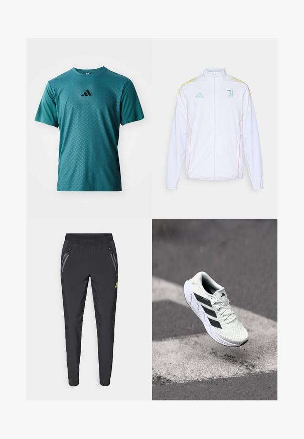 adidas Performance JUVENTUS 25/26 TIRO25 COMPETITION PRESENTATION JACKET - Sportovní bunda - white; adidas Performance POWER TEE - Sportovní tričko - preloved teal; adidas Performance REAL MADRID TIRO25 PRO VIS TECH TRAVEL PANT - Klubové oblečení - black/lucid lemon; Bílé sportovní boty s texturovanou síťovinou, černými pruhy, šněrováním a polstrovanou podrážkou, levitující nad vyznačeným povrchem silnice.