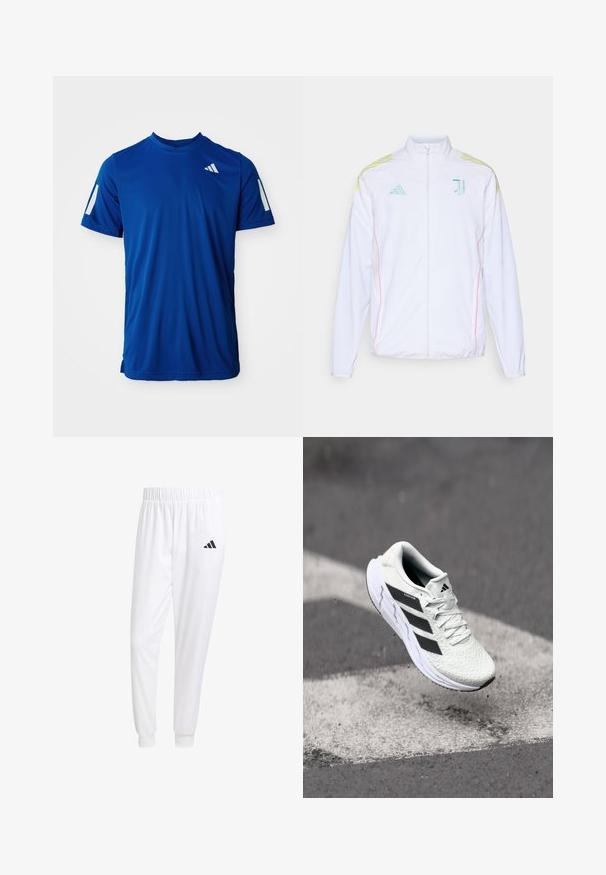 adidas Performance JUVE - Träningsjacka - white; Blå kortärmad träningsskjorta med reflekterande remsor på ärmarna och en liten vit logotyp på övre vänstra bröstet.; Vita atletiska byxor gjorda av slät tyg, med resårmidja och åtsittande manschetter, samt en svart logotyp på bakfickan.; Vitt sportskor med strukturerad mesh-överkant, svarta ränder, snörning och en dämpad sula, svävande över en markerad väg.