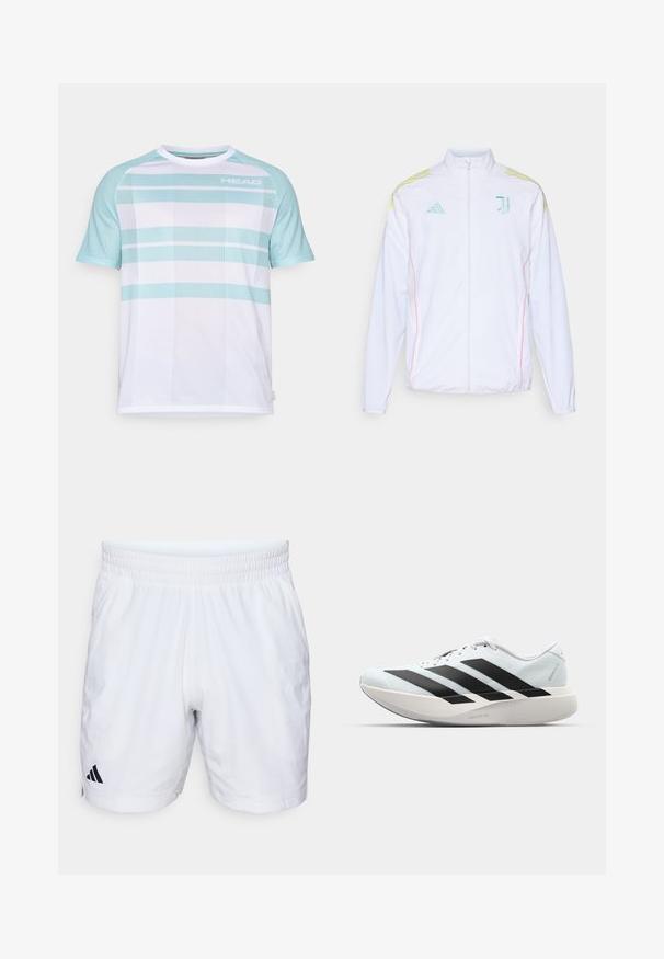 adidas Performance JUVE - Bluză de trening - white; Cămașă sport albă cu accente albastre deschise și textură de plasă rayată. Logo-ul "HEAD" este afișat în partea stângă sus. Guler rotund și mâneci scurte.; Șorturi albe de sport cu talie elastică, realizate dintr-un material texturat și cu un logo negru Adidas în partea stângă jos.; Pantofi de alergare ușori în albastru deschis cu dungi negre. Au un superior neted, vârf rotund și o intermediară groasă albă etichetată "LIGHTSTRIKE PRO."