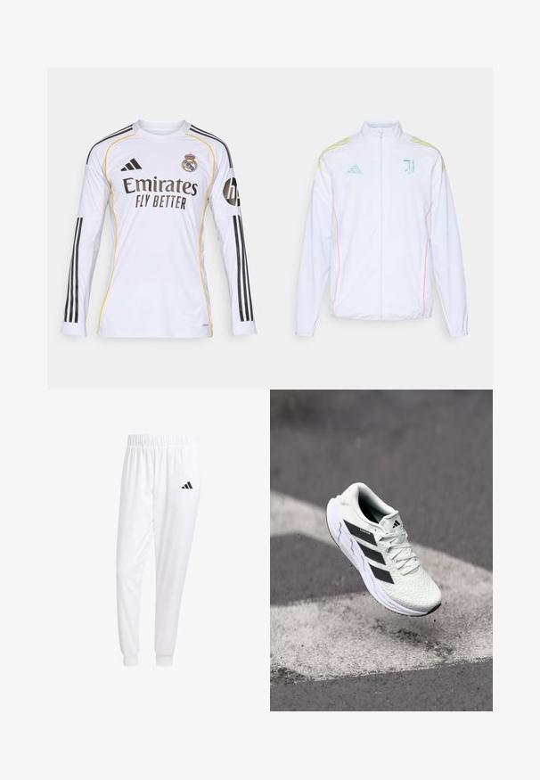 adidas Performance JUVENTUS 25/26 TIRO25 COMPETITION PRESENTATION JACKET - Tréning dzseki - white; Fehér hosszú ujjú mez fekete és sárga kiegészítőkkel, az "Emirates Fly Better" logóval és a Real Madrid címerével, könnyű szintetikus anyagból készült.; Fehér sportnadrág sima anyagból, rugalmas derékpánttal és szűkített bokákkal, a hátsó zsebében fekete logóval.; Fehér sportcipő texturált hálós felsőrésszel, fekete csíkokkal, fűzős záródással és párnázott talppal, egy megjelölt útfelület felett lebeg.