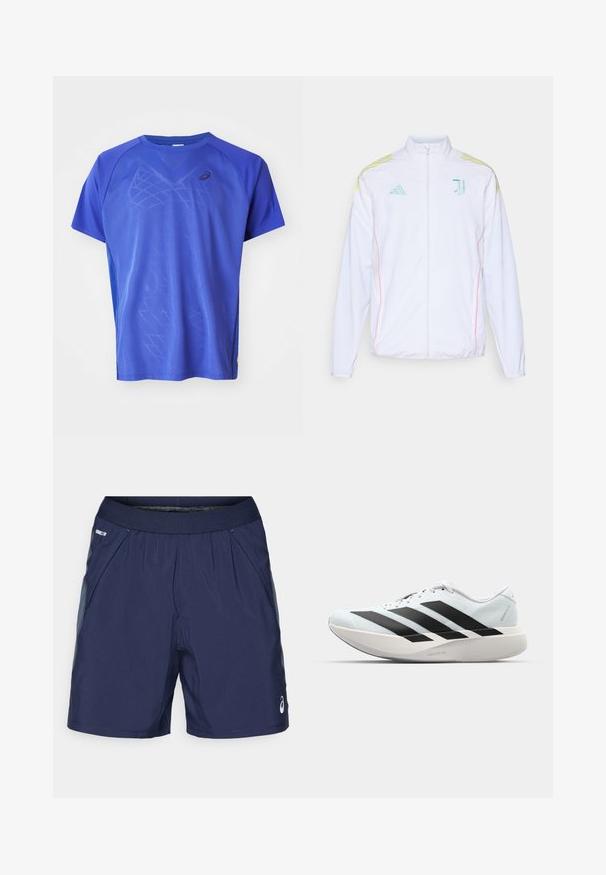 adidas Performance JUVE - Tréning dzseki - white; ASICS MATCH - Sportfelső - dark blue; Tengerészkék sportnadrág, rugalmas derekkal, oldalsó zsebekkel és világosszürke részletekkel. Könnyű, sima anyagból készült a kényelem érdekében.; Világoskék, fekete csíkos könnyű futószerek. Simább felső résszel, kerek orral és vastag fehér középtalppal, amelyen a "LIGHTSTRIKE PRO" felirat olvasható.