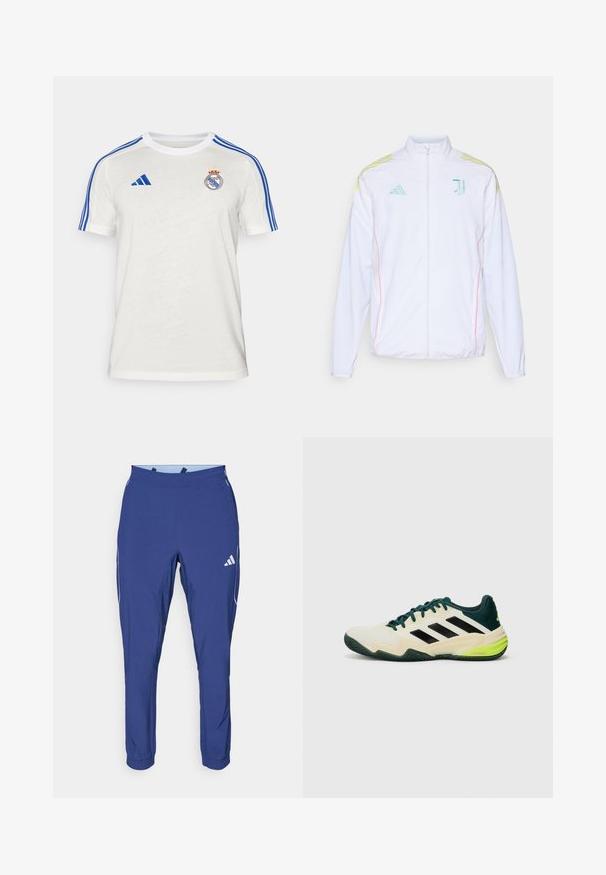 adidas Performance JUVE - Training jacket - white; White Adidas T-shirt featuring blue stripes on shoulders, embroidered club logo on chest. Made of lightweight fabric, short sleeves.; adidas Performance TECH APP - Tracksuit bottoms - dark blue/glow blue; Tennis shoes with a cream upper, black stripes, green accents, and a textured rubber sole for grip. Constructed from synthetic materials.