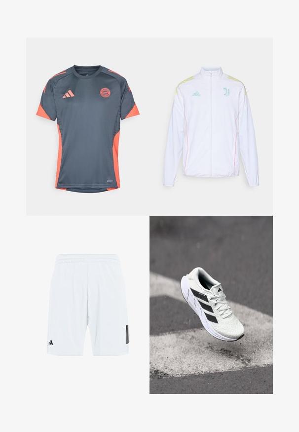 adidas Performance JUVE - Treniņjaka - white; Pelēks sporta krekls ar oranžiem akcentiem, īsām piedurknēm, apaļu kakla izgriezumu un FC Bayern München logotipu priekšā. Izgatavots no elpojoša materiāla.; Balti sporta šorti ar elastīgu jostu, sānos ar trim melnām svītrām un melnu logotipu uz kreisās apakšējās kājas.; Baltas sporta apavs ar teksturētu sietu augšu, melnām svītrām, auklu aizdari un mīkstu zoli, kas levitē virs marķētas ceļa virsmas.